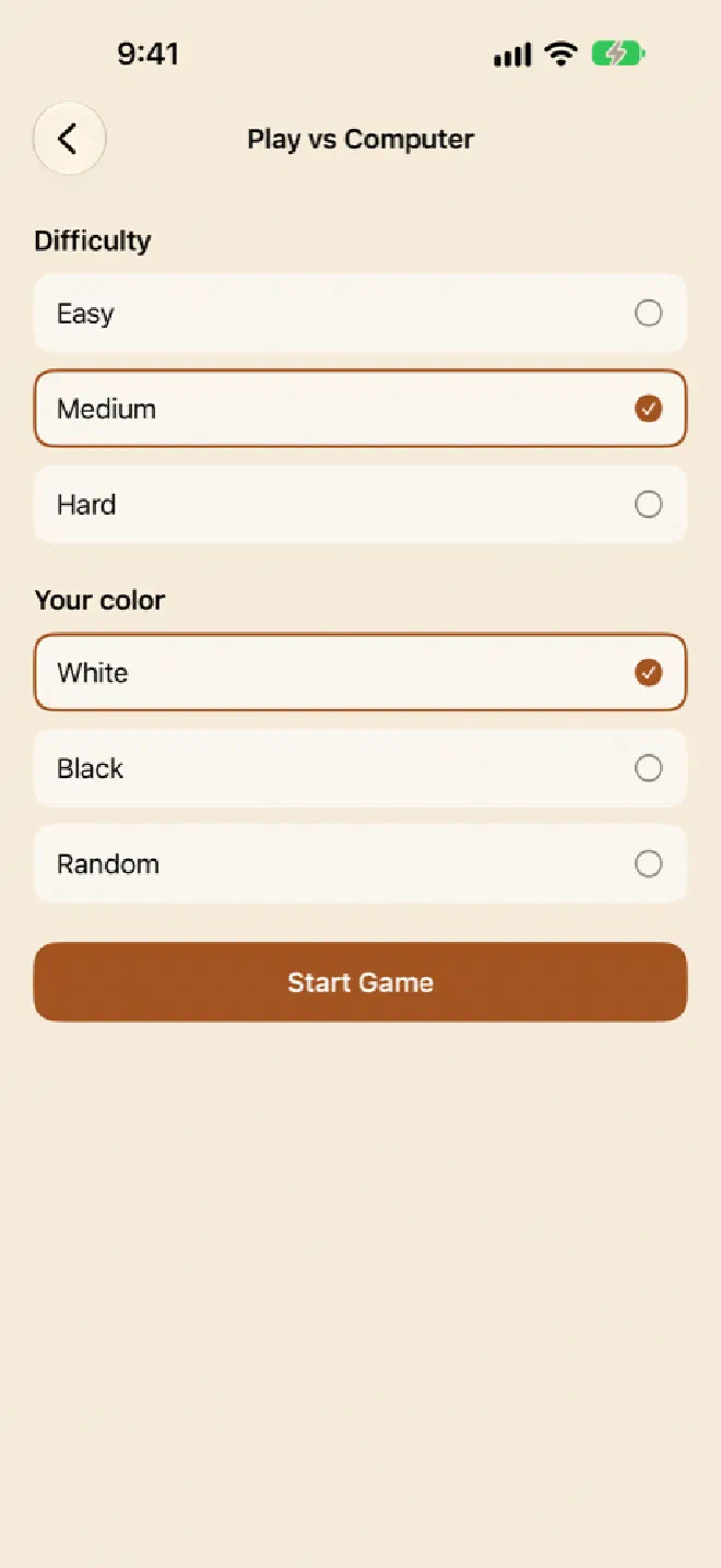 The setup screen for playing against the computer with three difficulty levels