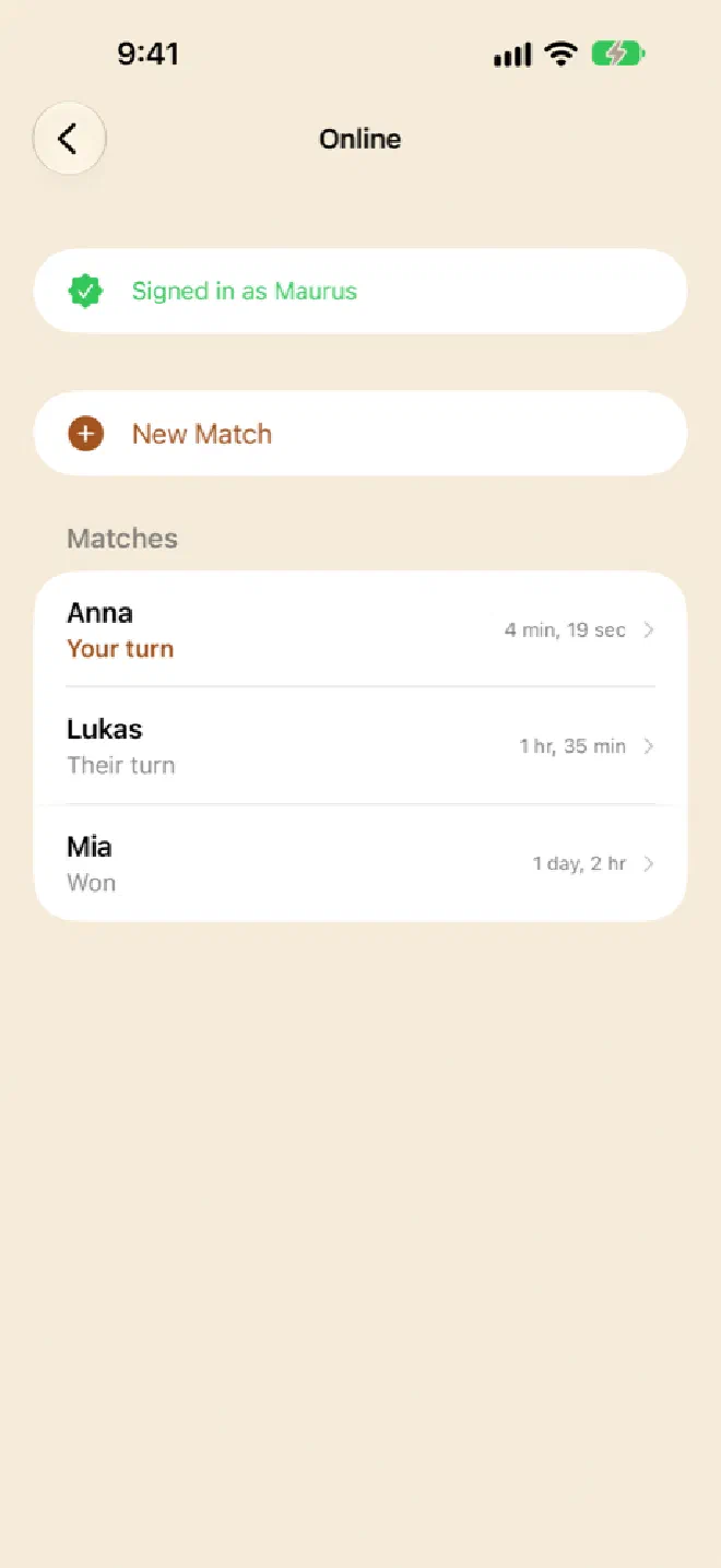 The online lobby listing matches against Anna, Lukas and Mia