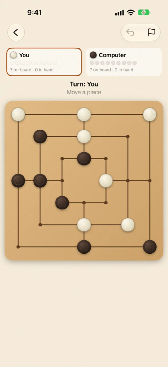 A Mühle game in progress with a mill on the top edge of the board